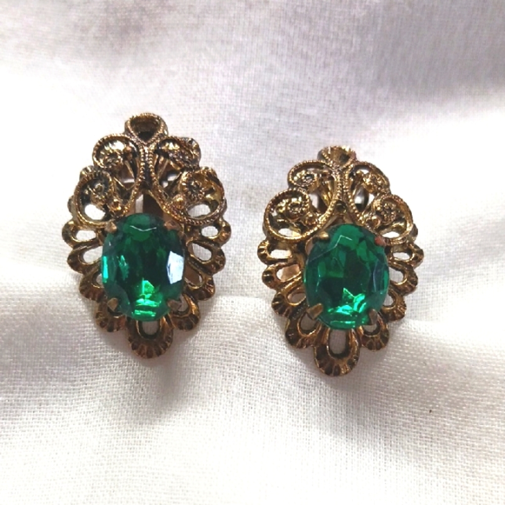 Murno Vtg Millefiori Dangle Clips Emerald Earrimgs.